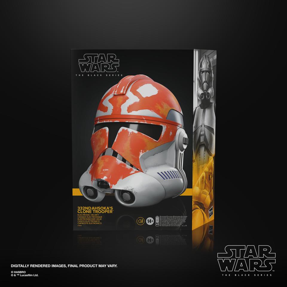 Star Wars The Black Series Ahsoka's Clone Trooper Premium Electronic Helmet product shots on a black background