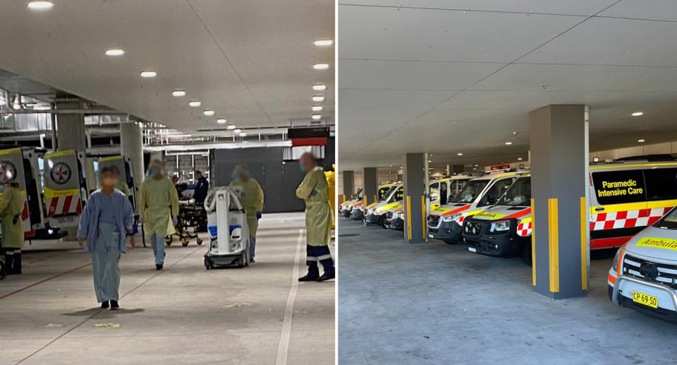 Photos shared by the NSW paramedic union show delays at Westmead Hospital (left) with staff wheeling out an X-ray machine, and St George Hospital (right) in Sydney. Source: APA/Twitter