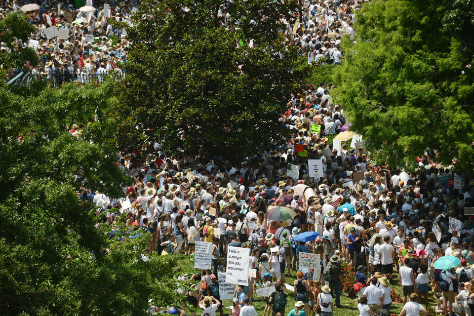 The 'Families Belong Together' march begins with a large rally of protesters at Lafayette Square in front of the White House in Washington, D.C., June 30, 2018. Despite the ending of family separations at US borders many children that were taken away from their parents are still not re-united with their families