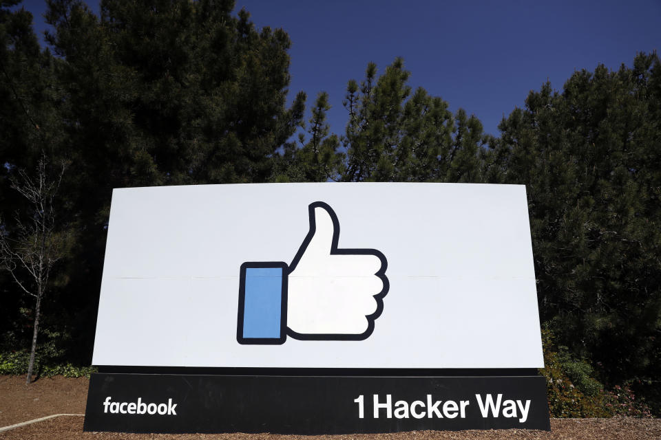 FILE- This March 28, 2018, file photo shows the Facebook logo at the company's headquarters in Menlo Park, Calif. Facebook says it will fund exclusive news shows created for its Watch video section by publishers such as ABC, CNN and Mic. (AP Photo/Marcio Jose Sanchez, File)