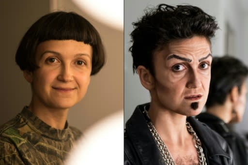 Actress Melodie Rousseau (L) uses make-up and wardrobe to transform into her drag king persona, Rock Biere (R)