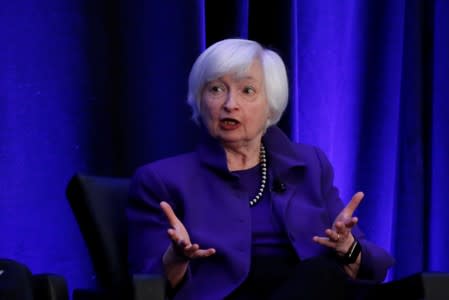 FILE PHOTO - Former Federal Reserve Chairman Janet Yellen speaks during a panel discussion in Atlanta