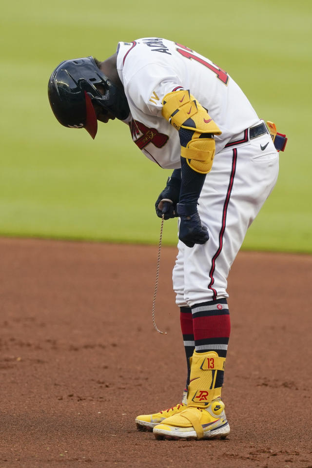 July 22, 2023: Atlanta Braves right fielder Ronald Acuna Jr. (13) Nike  shoes during the game between the Milwaukee Brewers and the Atlanta Braves  at American Family Field in Milwaukee, WI. Darren