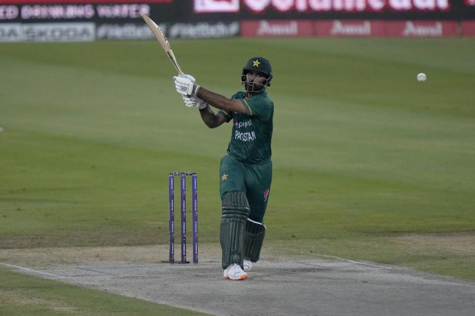 Pakistan's Fakhar Zaman palys a shot during the T20 cricket match of Asia Cup between Pakistan and Hong Kong, in Sharjah, United Arab Emirates, Friday, Sept. 2, 2022. (AP Photo/Anjum Naveed)