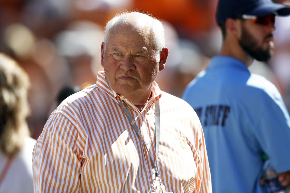 Tennessee athletics director Phillip Fulmer stands on the sideline in the first half of an NCAA college football game against Georgia State, Saturday, Aug. 31, 2019, in Knoxville, Tenn. (AP Photo/Wade Payne)