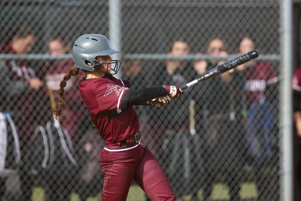 Waterloo shortstop Morgan Sweitzer takes a swing at the plate during a game against the Mathews Mustangs, Friday, April 7, 2023 in Atwater.