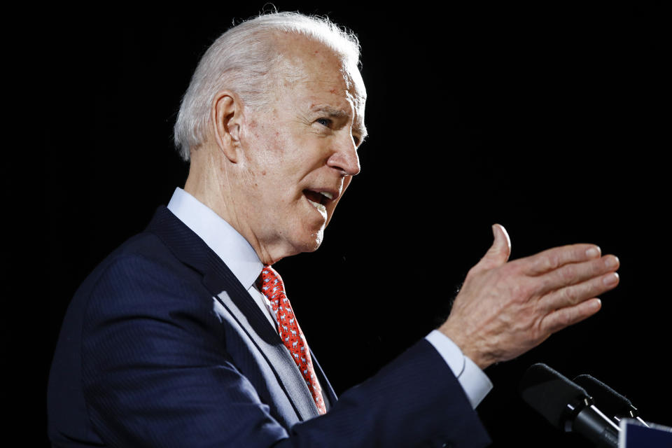 Democratic presidential candidate former Vice President Joe Biden speaks about the coronavirus Thursday, March 12, 2020, in Wilmington, Del. (AP Photo/Matt Rourke)