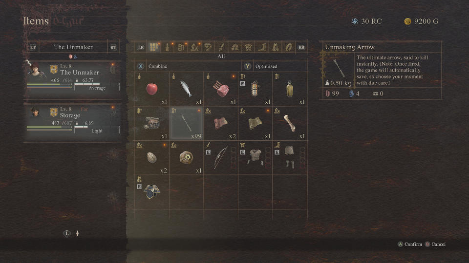 A Dragon's Dogma 2 screenshot of an inventory with 99 Unmaking Arrows