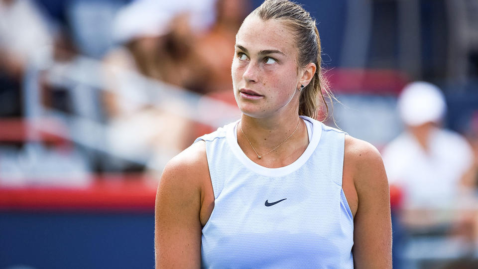 Seen here, Aryna Sabalenka looks frustrated during her straight sets loss to Karolina Pliskova.