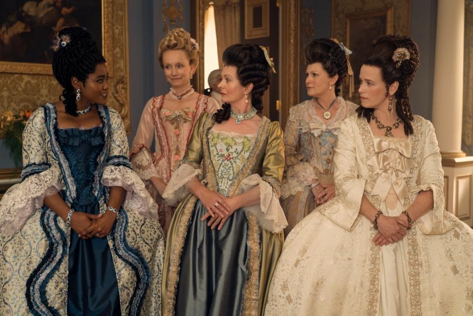 Arsema Thomas as young Agatha Danbury with courtiers at Queen Charlotte’s court (LIAM DANIEL/NETFLIX)