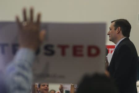 A supporter raises his hand as Republican U.S. presidential candidate Ted Cruz speaks at a campaign rally in Miami, March 9, 2016. REUTERS/Carlo Allegri