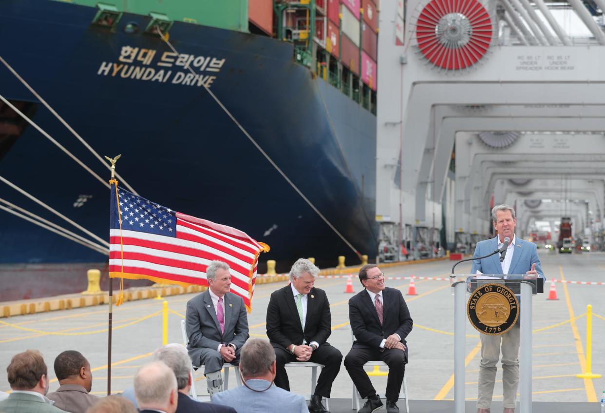 Georgia Governor Brian Kemp talks about the need for further deepening the harbor during a special visit to the Port of Savannah along with Congressmen Buddy Carter, Mike Collins, and Sam Graves on Monday, March 25, 2024.