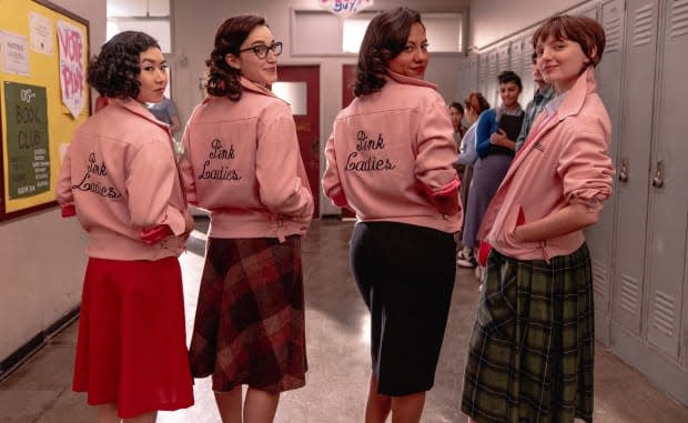 L-R: Tricia Fukuhara as Nancy Nakagawa, Marisa Davila as Jane Facciano, Cheyenne Wells as Olivia Valdovinos and Ari Notartomaso as Cynthia Zdunowski in Grease: Rise of the Pink Ladies. Photo Credit: Eduardo Araquel/Paramount+.