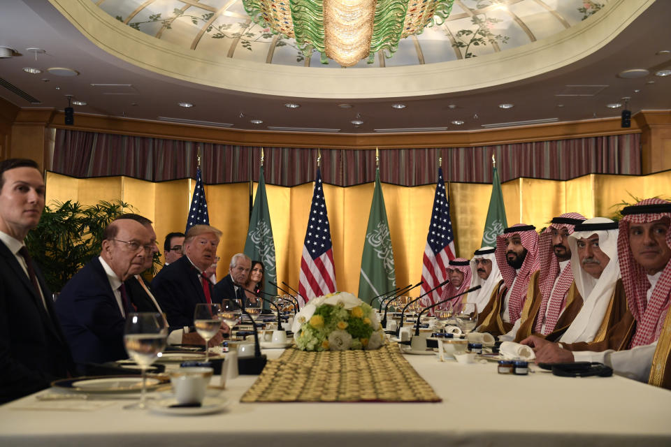 President Donald Trump meets with Saudi Arabia Crown Prince Mohammed bin Salman during a working breakfast on the sidelines of the G-20 summit in Osaka, Japan, Saturday, June 29, 2019. (AP Photo/Susan Walsh)