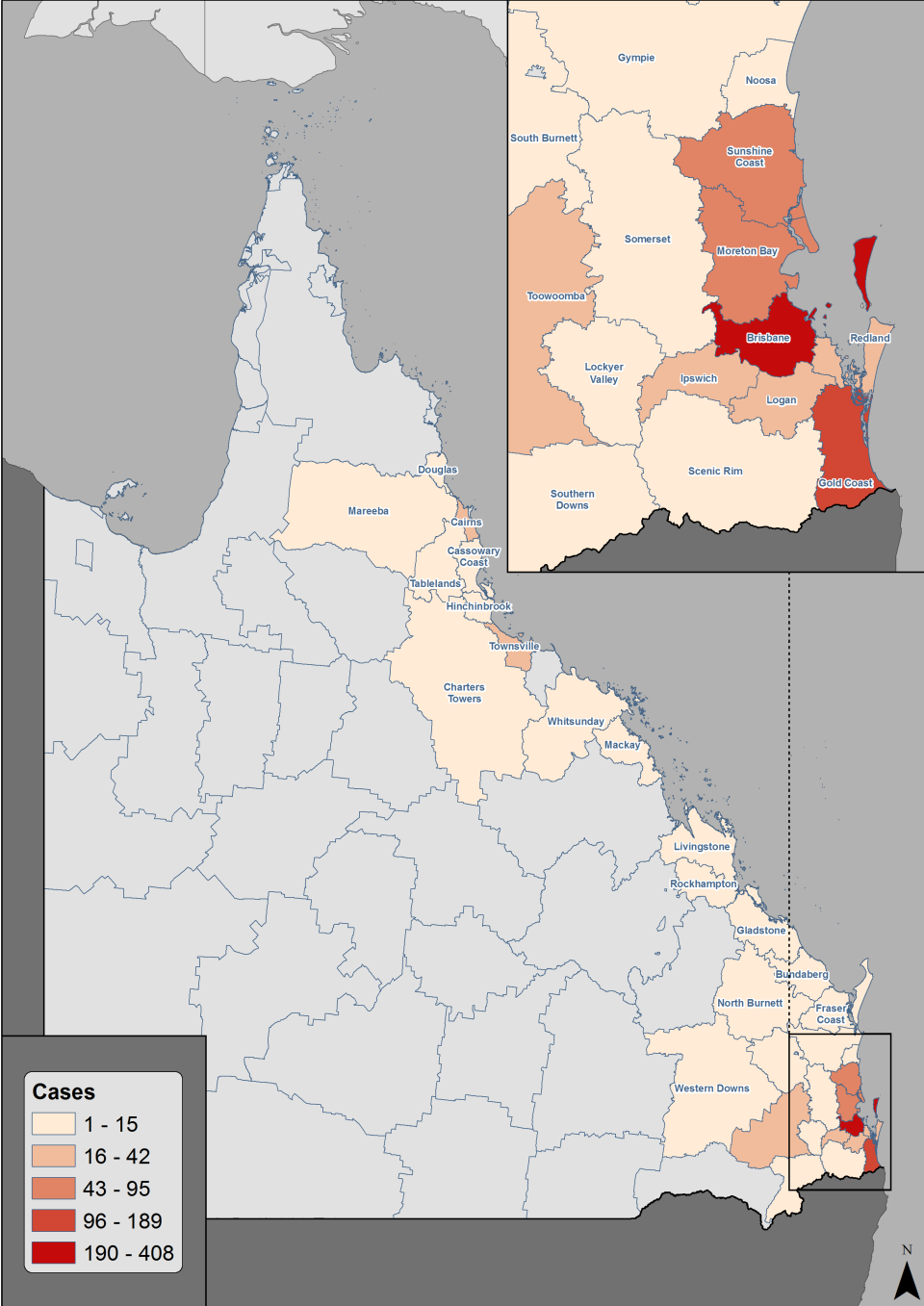 A breakdown of Queensand's cases by area. Source: Queensland Government