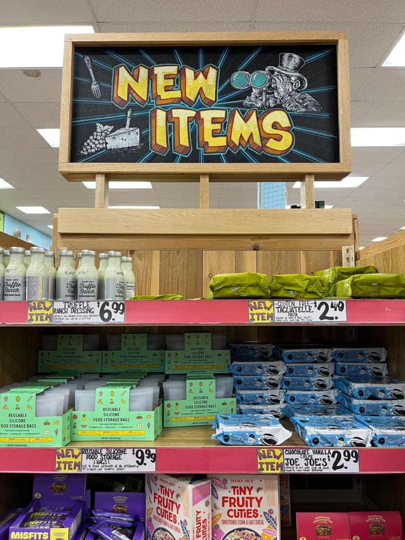 A display in Trader Joe's. The sign says "New Items".