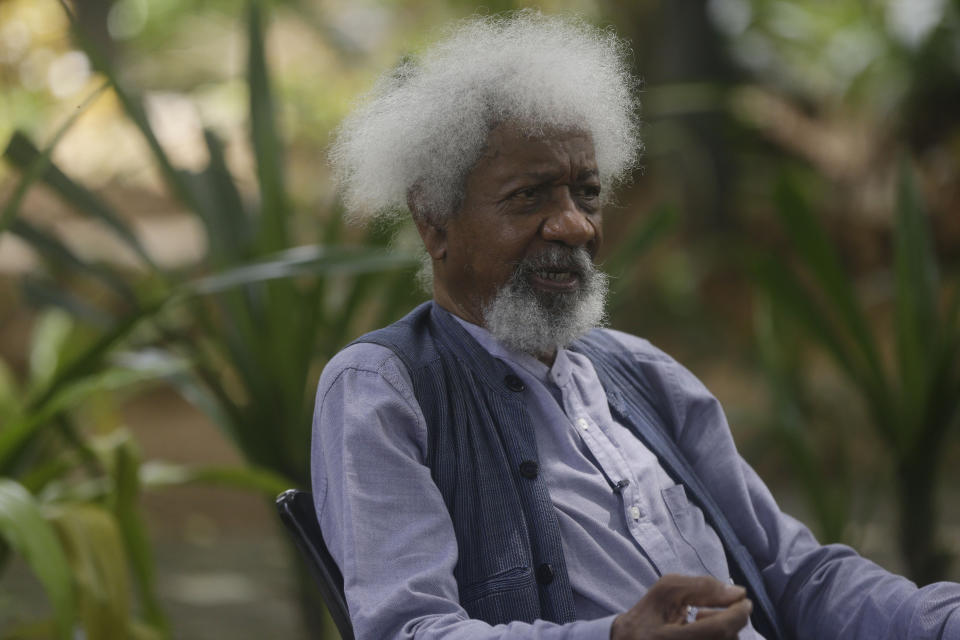 Nobel Laureate Wole Soyinka, speaks to The Associated Press during an interview at freedom park in Lagos, Nigeria, Thursday, Oct. 28, 2021. Wole Soyinka, Nigeria's Nobel-winning author, sees his country's many problems — misgoverning politicians, systemic corruption, violent extremists, and kidnapping bandits — yet he does not despair. At 87, he says Nigeria's youth may have the energy and the know-how to get the troubled country back on track. He says Nigeria needs a "brutal" soul-searching and a leader who will "take the bull by the horns" for things to improve. (AP Photo/Sunday Alamba)