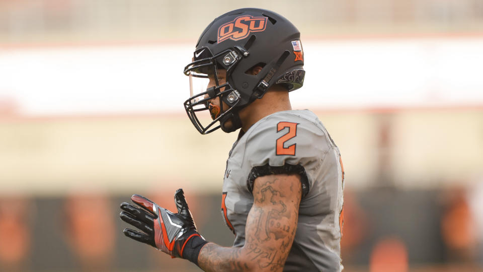 Oklahoma State wide receiver Tylan Wallace has been one of the best vertical threats in college football since 2018. (AP Photo/Brody Schmidt)