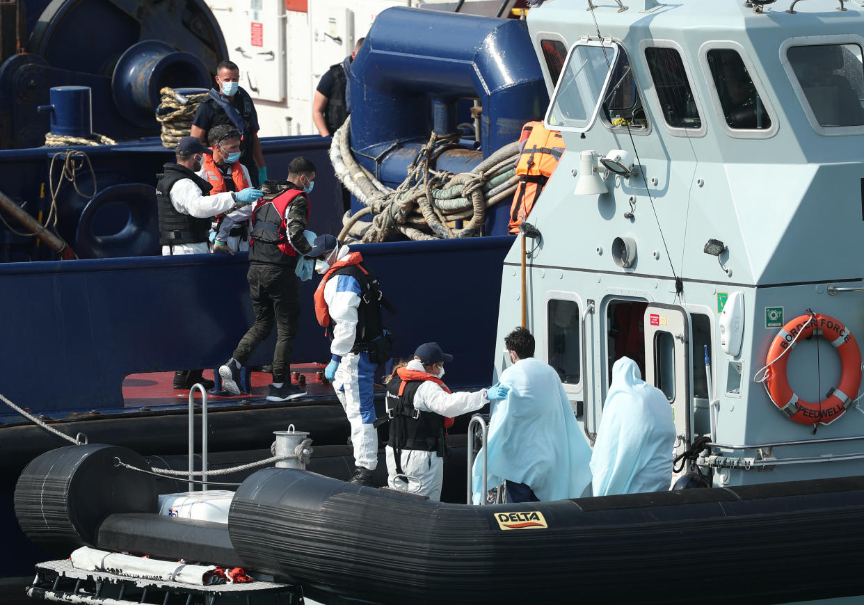 A Border Force vessel brings a group of people thought to be migrants into Dover, Kent, following a number of small boat incidents in The Channel.