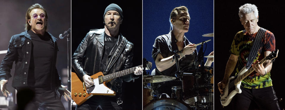 Esta combinación de fotografías muestra a los integrantes de la banda irlandesa de rock U2, de izquierda a derecha, el vocalista Bono en Washington el 17 de junio de 2018, The Edge en Chicago el 22 de maryo de 2018, Larry Mullen Jr. y Adam Clayton en el festival Bonnaroo en Manchester, Tennessee el 9 de junio de 2017. El más reciente álbum de la banda, "Songs Of Surrender", es una colección de 40 canciones de la agrupación en nuevas versiones. (Foto AP)