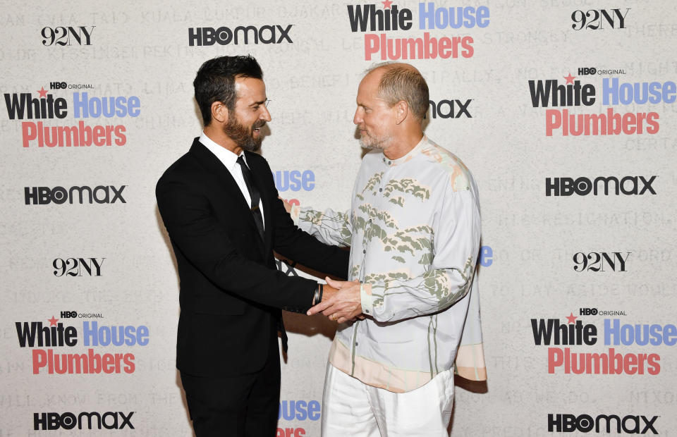 Woody Harrelson, right, and Justin Theroux attend the premiere of HBO's "White House Plumbers," at the 92nd Street Y, Monday, April 17, 2023, in New York. (Photo by Evan Agostini/Invision/AP)