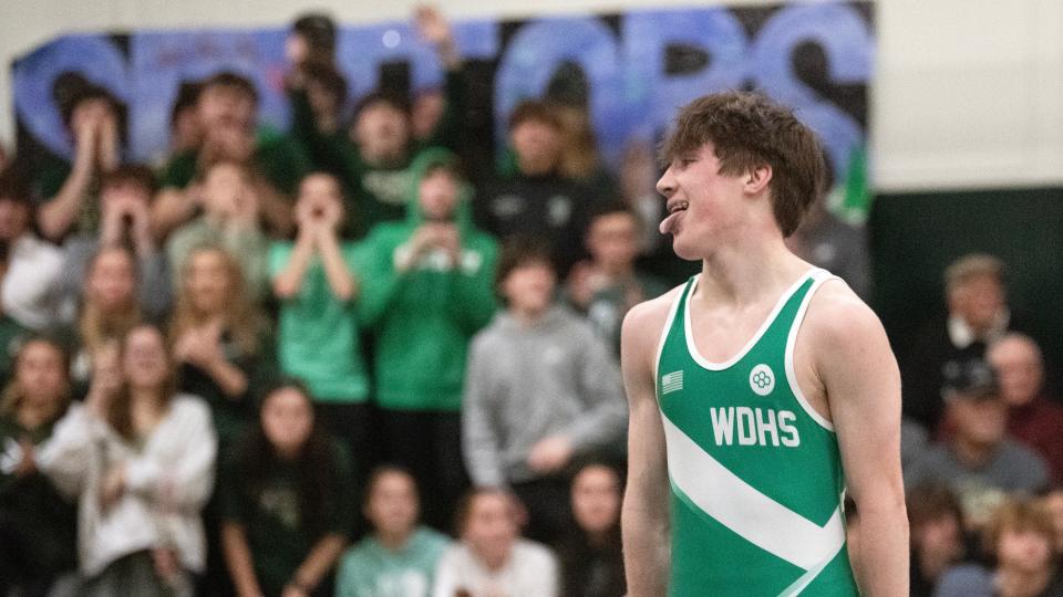 West Deptford's Owen Entrekin celebrates after pinning Paulsboro's Kyare Harvey during the 138 lb. bout of the wrestling meet held at West Deptford High School on Thursday, January 4, 2024.