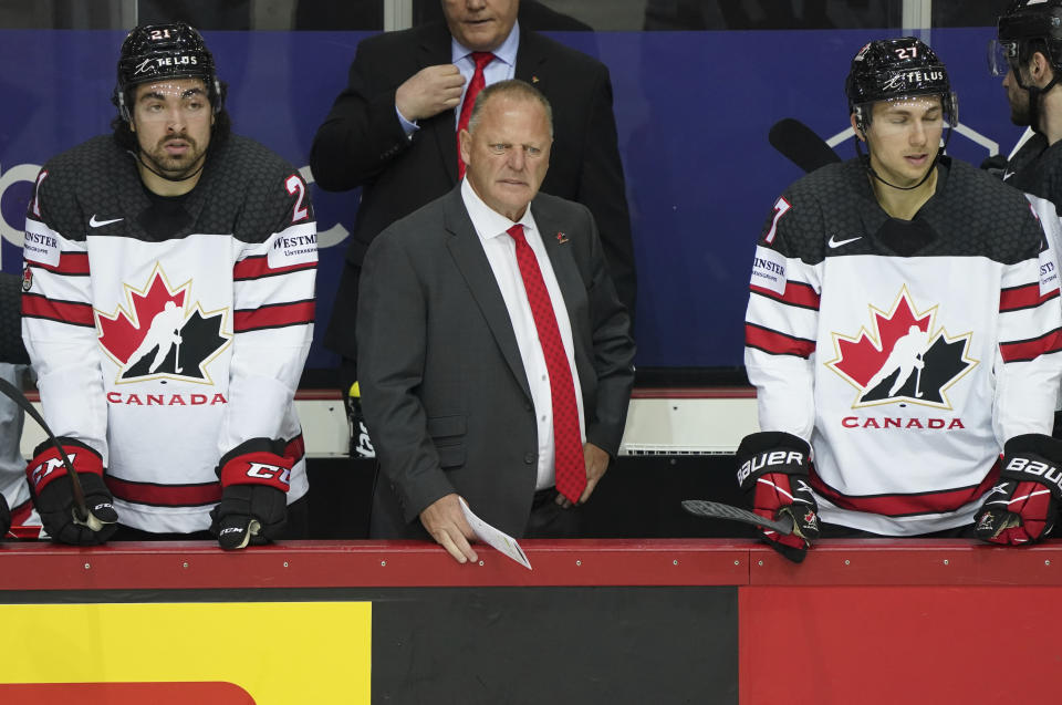 Canada's Head Coach Gerard Gallant reacts during the Ice Hockey World Championship quarterfinal match between Russia and Canada at the Olympic Sports Center in Riga, Latvia, Thursday, June 3, 2021. (AP Photo/Roman Koksarov)