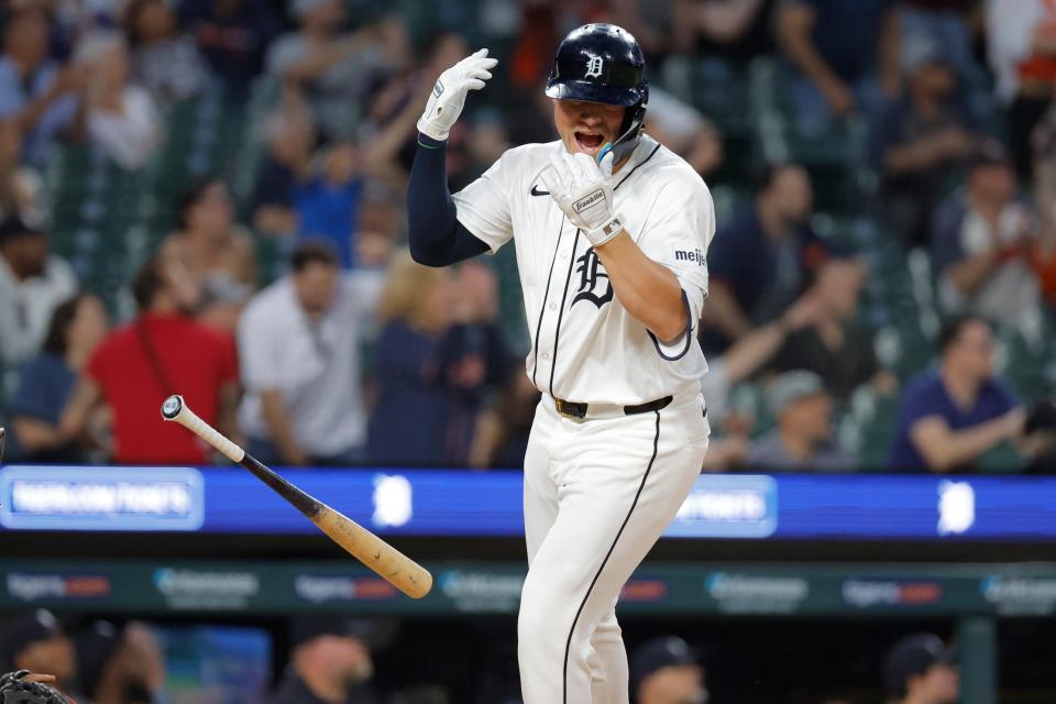 Detroit Tigers first base Spencer Torkelson (20) hits a two-run home run in the eighth inning against the Miami Marlins at Comerica Park in Detroit on Monday, May 13, 2024.