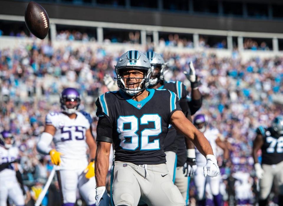 Panthers tight end Tommy Tremble celebrates a touchdown for a two-point conversion during the game against Vikings at Bank of America Stadium on Sunday, October 17, 2021 in Charlotte, NC. Trembles touchdown tied the score, 28-28. In overtime, the Panthers lost, 34-28.