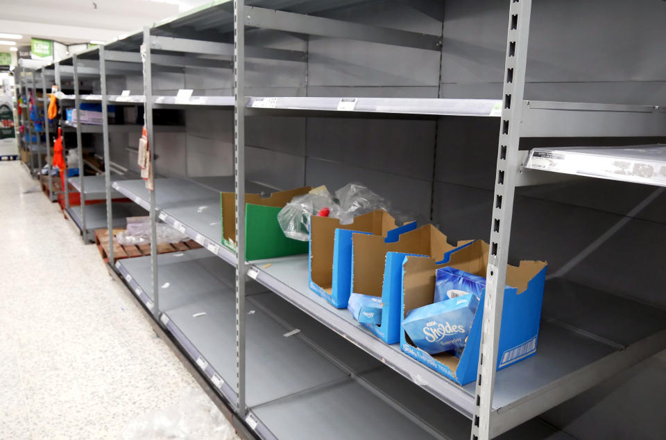 Empty toilet roll shelves in Asda Hyson Green in Nottingham.Photo credit should read: James Warwick/EMPICS Entertainment.