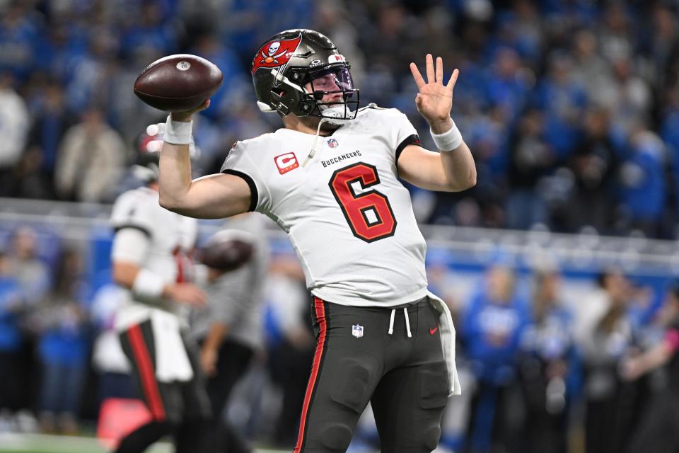 Tampa Bay Buccaneers quarterback Baker Mayfield (6) warms up before a 2024 NFC divisional round game against the Detroit Lions at Ford Field.