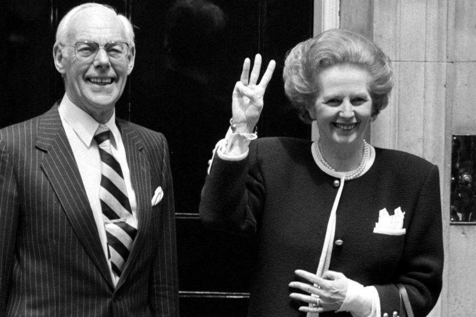 Margaret Thatcher with her husband Denis in Downing Street in 1987: PA