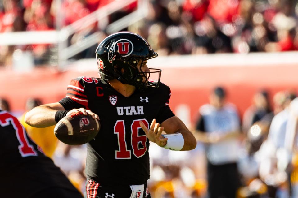 Utah Utes quarterback Bryson Barnes pulls back to throw the ball during the game against the Arizona State Sun Devils at Rice-Eccles Stadium in Salt Lake City on Saturday, Nov. 4, 2023. | Megan Nielsen, Deseret News