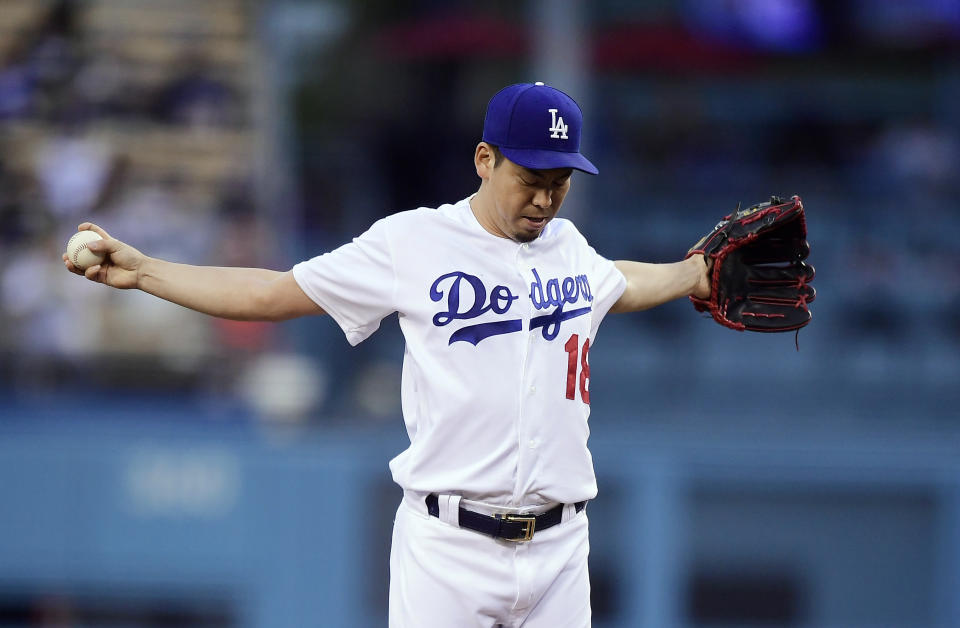 Los Angeles Dodgers starting pitcher Kenta Maeda, of Japan, gets set to pitch during the first inning of a baseball game against the San Diego Padres Wednesday, May 15, 2019, in Los Angeles. (AP Photo/Mark J. Terrill)