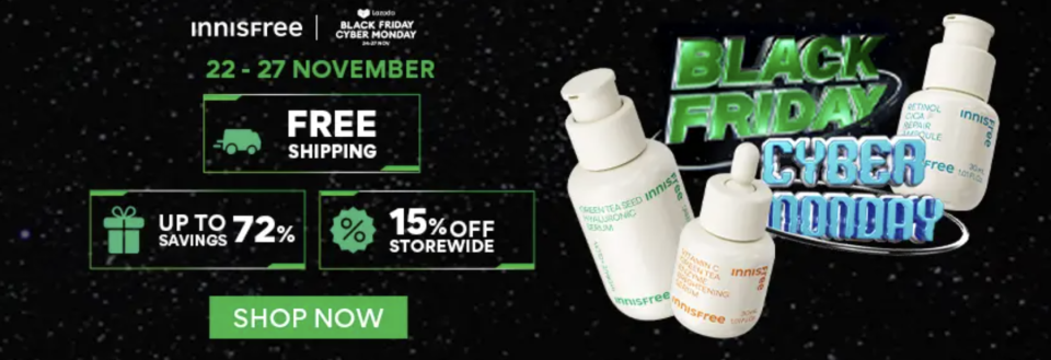 Shop Innisfree Black Friday Sale on Lazada from 22 -27 Nov. PHOTO: Lazada