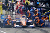 Scott Dixon pits during the IndyCar auto race at World Wide Technology Raceway on Saturday, Aug. 29, 2020, in Madison, Ill. (AP Photo/Jeff Roberson)