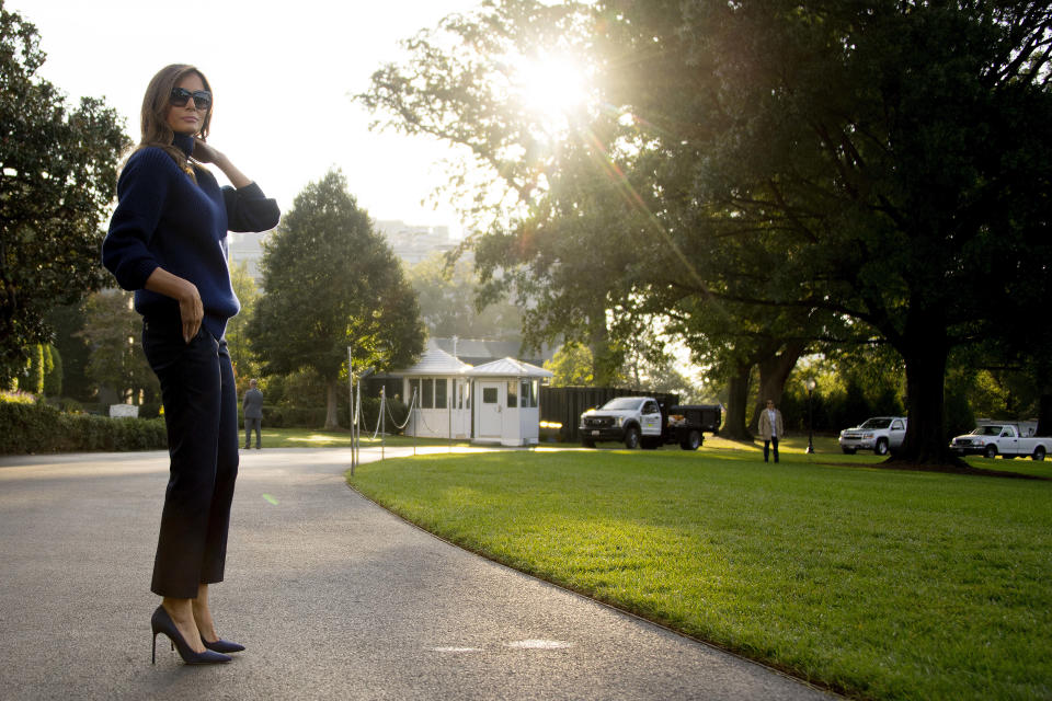 First lady Melania Trump on the South Lawn of the White House in a turtleneck designed by Victoria Beckham. (Photo: Jim Watson/AFP/Getty Images)