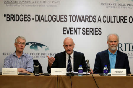 Uwe Morawetz (C), chairman of International Peace Foundation, speaks next to Nobel laureate Richard Roberts (L) and Prince Alfred of Liechtenstein at a news conference in Beijing, China, May 7, 2016. REUTERS/Jason Lee