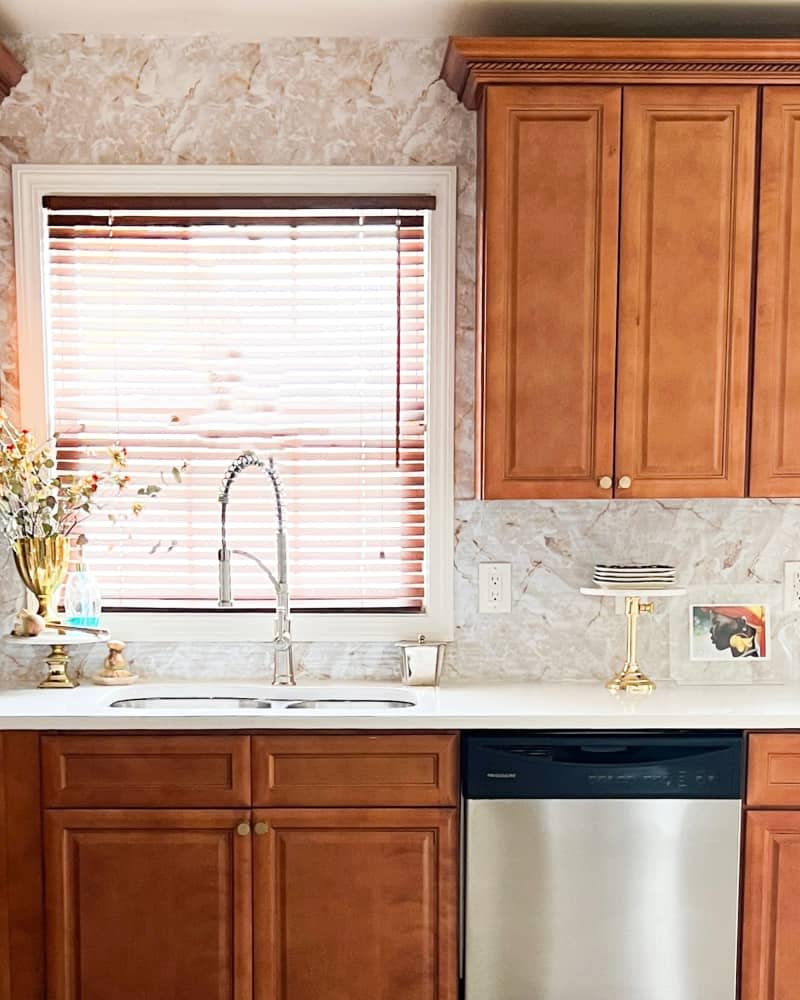 Marble wallpaper in newly renovated kitchen.