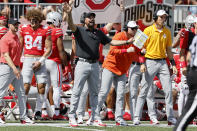 Ohio State head coach Ryan Day shouts to his team against Arkansas State during the first half of an NCAA college football game Saturday, Sept. 10, 2022, in Columbus, Ohio. (AP Photo/Jay LaPrete)