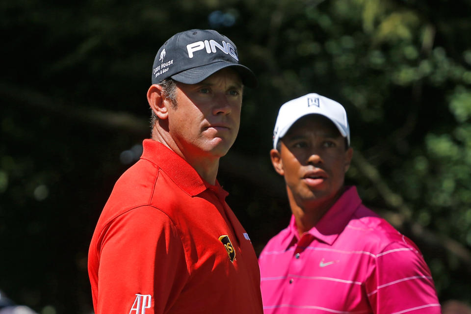 CARMEL, IN - SEPTEMBER 08: Lee Westwood of England (L) and Tiger Woods wait on the second hole during the third round of the BMW Championship at Crooked Stick Golf Club on September 8, 2012 in Carmel, Indiana. (Photo by Scott Halleran/Getty Images)