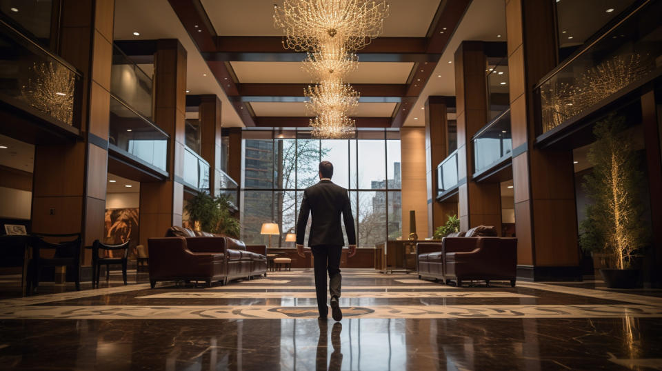 An executive in a suit walking through a lobby of *Regional Bank* building.