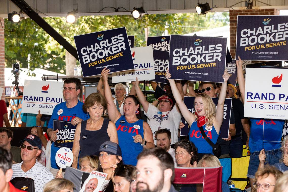 The crowds cheer, boo and jeer as candidates deliver their speeches during the 142nd annual St. Jeromes Fancy Farm Picnic in Fancy Farm, Ky., Saturday, August 6, 2022.