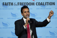 Republican presidential candidate Vivek Ramaswamy speaks during the Iowa Faith and Freedom Coalition Spring Kick-Off, Saturday, April 22, 2023, in Clive, Iowa. (AP Photo/Charlie Neibergall)