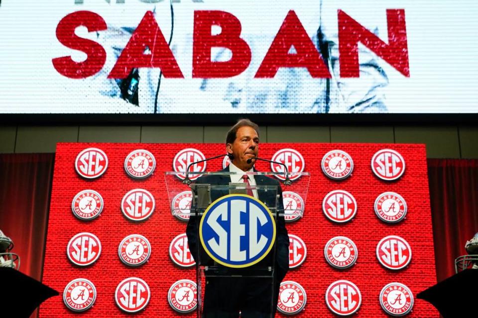 Alabama head coach Nick Saban speaks during NCAA college football Southeastern Conference Media Days Tuesday, July 19, 2022, in Atlanta. (AP Photo/John Bazemore)