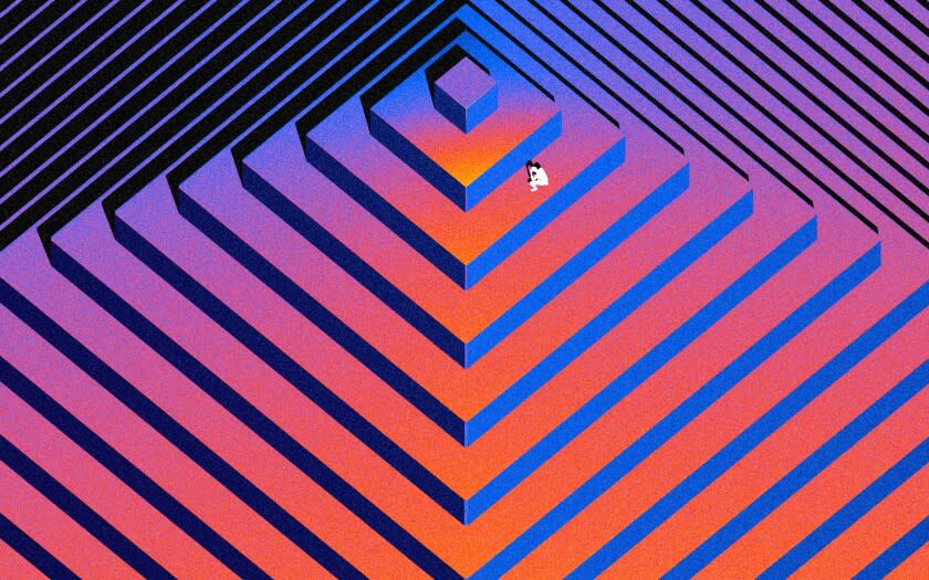 A blue, orange, purple, black geometric illustration