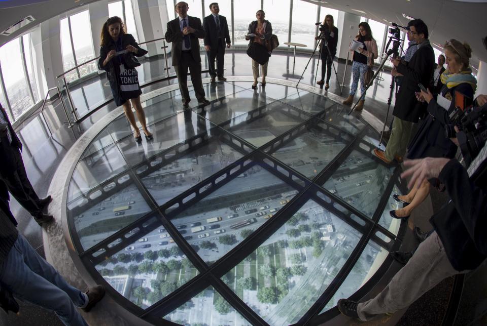 Media stand on the SkyPortal in the One World Observatory observation deck on the 100th floor of the One World Trade center tower in New York