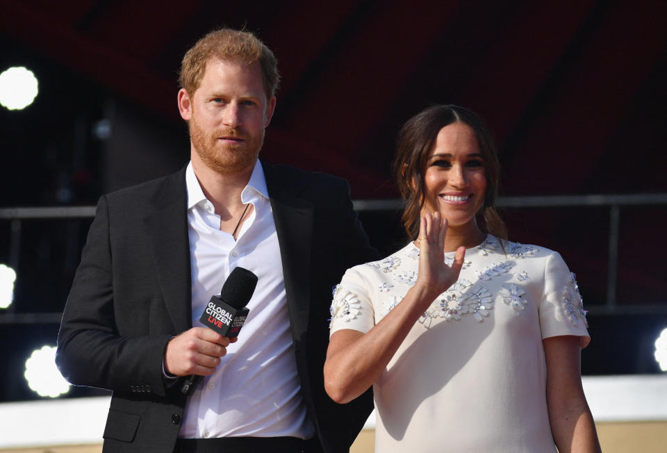 Britain's Prince Harry and Meghan Markle speak during the 2021 Global Citizen Live