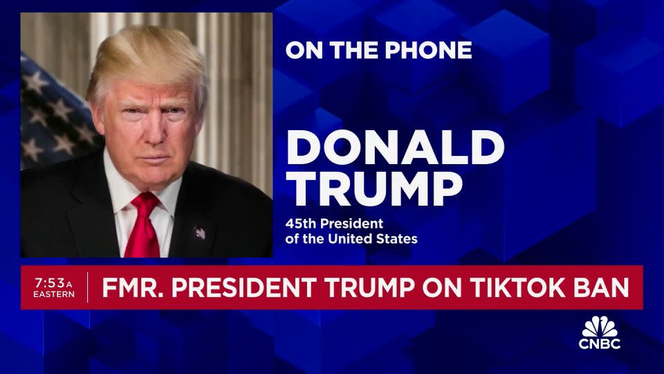 A screen grab taken from a CNBC broadcast of a phone interview with Donald Trump on Monday, March 11. The business news network allowed the twice-impeached, four-time indicted, insurrection-inciting former president a safe harbor to make a number of outrageous and false comments without scrutiny. - CNBC