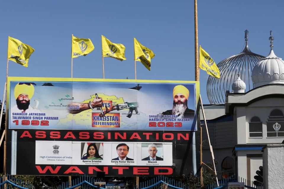 A sign outside the Guru Nanak Sikh Gurdwara temple is seen after the killing on its grounds in June 2023 of Sikh leader Hardeep Singh Nijjar, in Surrey, British Columbia, Canada September 18, 2023.  REUTERS/Chris Helgren